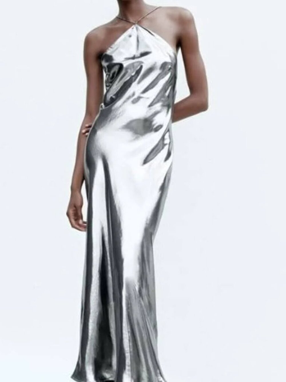 ZARA silver Metallic Long Formal Evening Gown